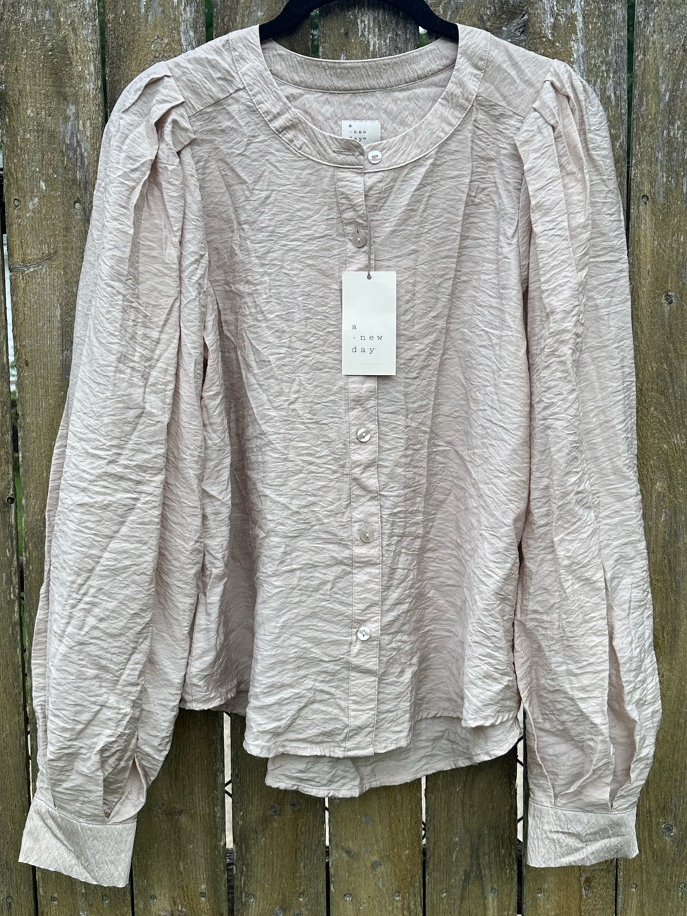 NWT A New Day Light Brown Crinkle Button Front Blouse Small Textured